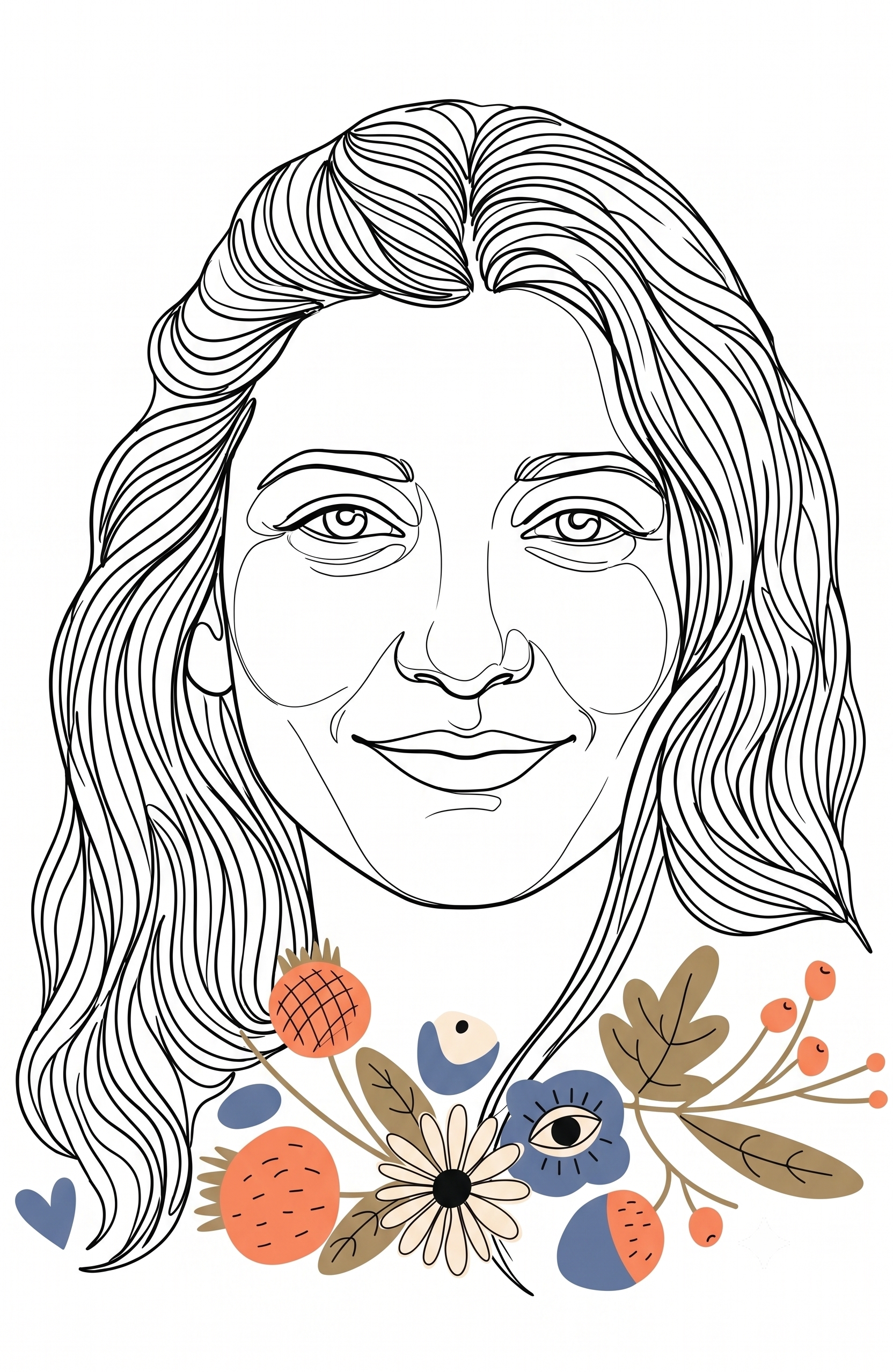 Line art portrait illustration of Basundhara Yadav with floral details